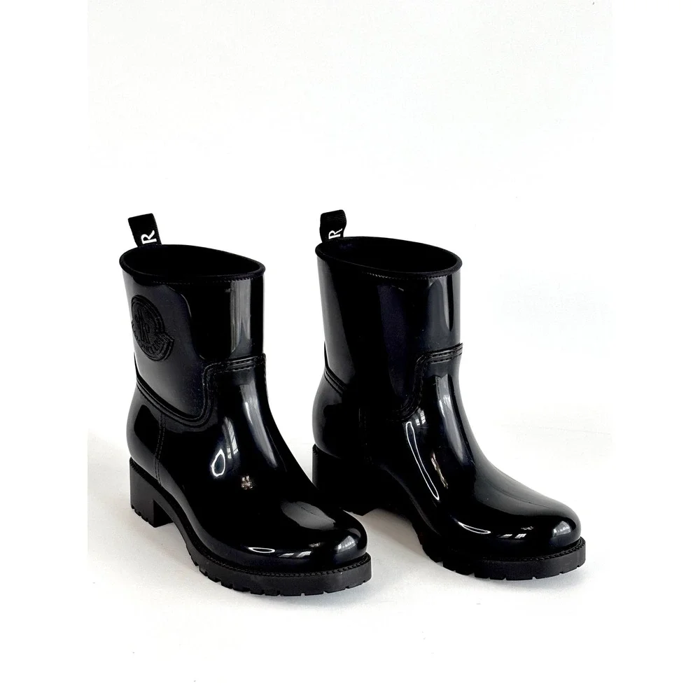 Moncler Loftgrip Black Glossy Rain Boots Lug Sole Ankle Booties Size 40
